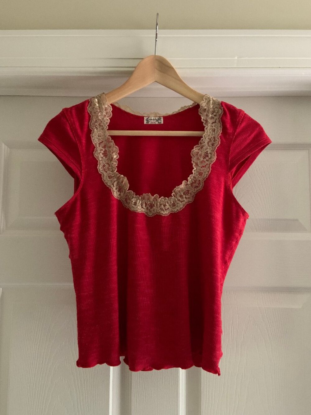 Free People Red Ribbed Scoop Neck Top with Tan Lace